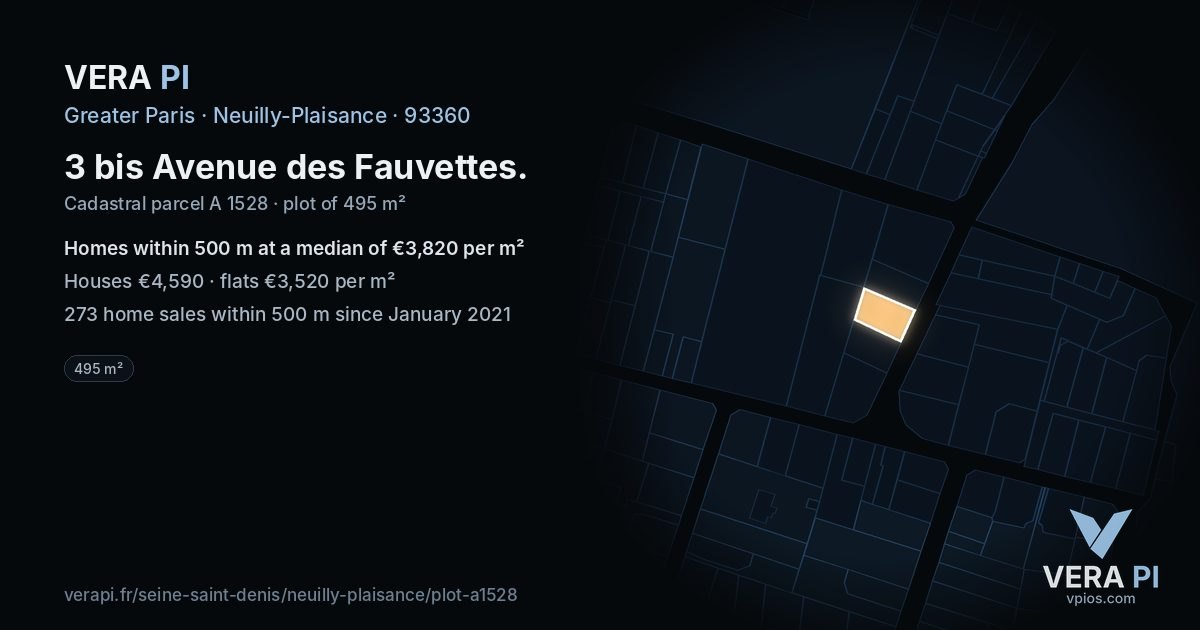 3 bis Avenue des Fauvettes, Neuilly-Plaisance at night – the plot lit, the parcels around coloured by the prices near them