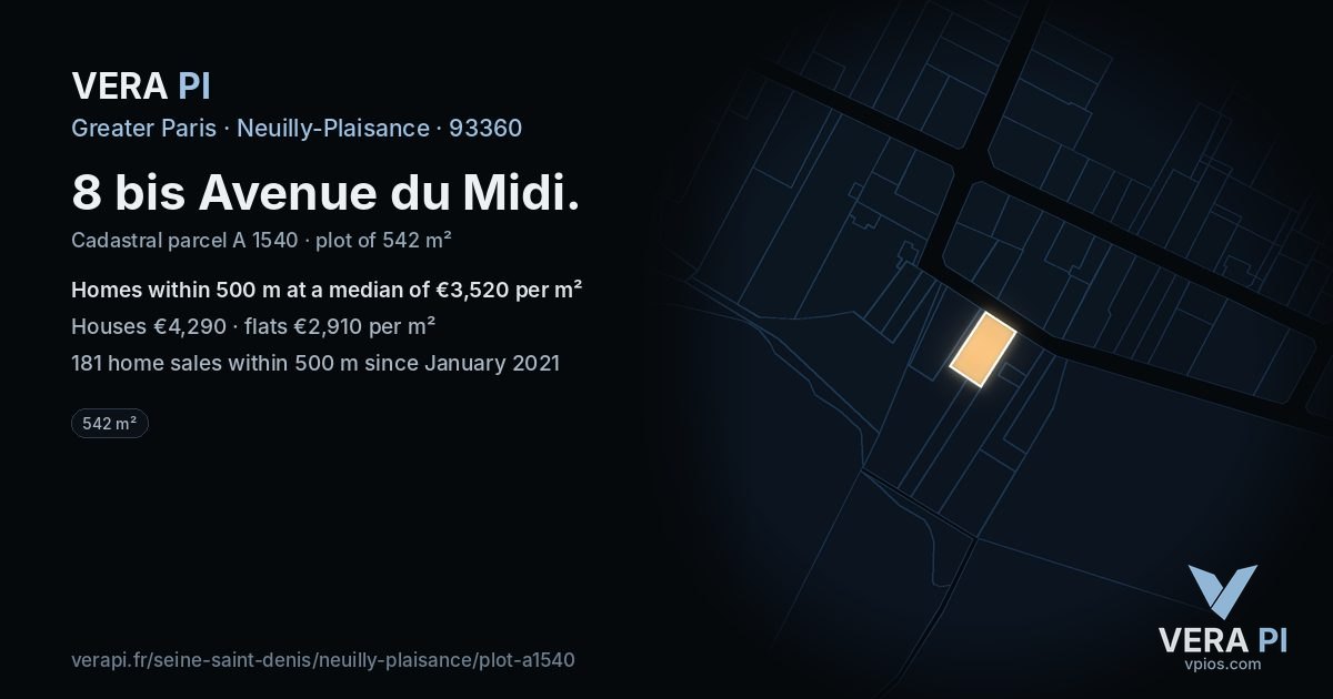 8 bis Avenue du Midi, Neuilly-Plaisance at night – the plot lit, the parcels around coloured by the prices near them