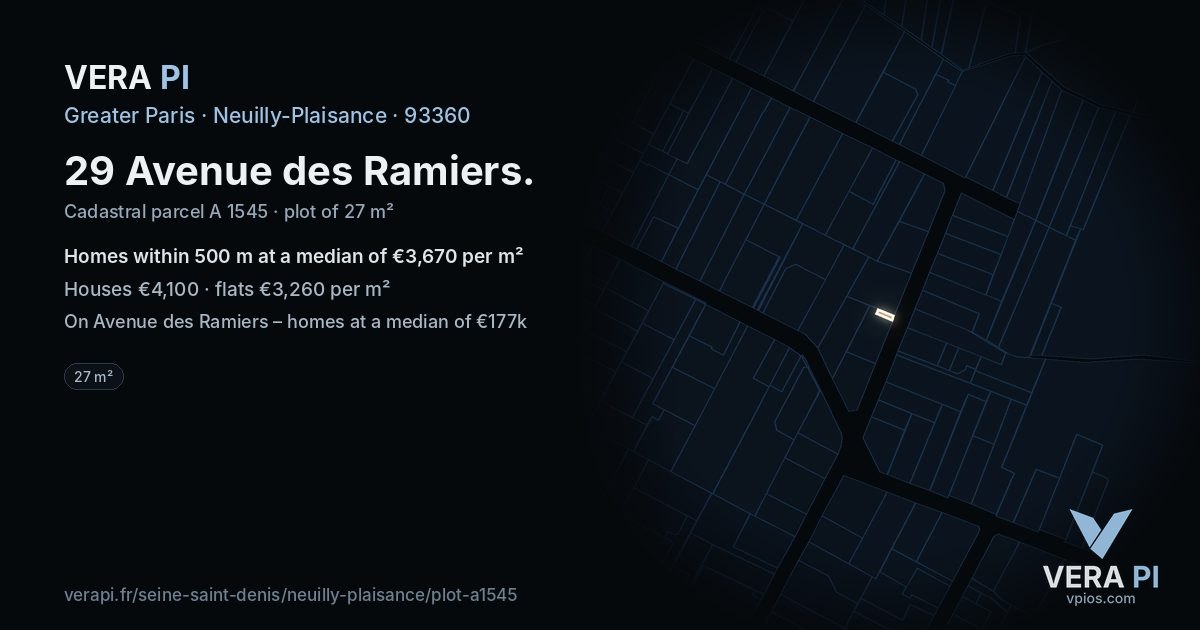 29 Avenue des Ramiers, Neuilly-Plaisance at night – the plot lit, the parcels around coloured by the prices near them