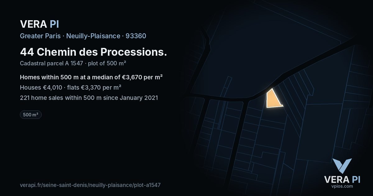 44 Chemin des Processions, Neuilly-Plaisance at night – the plot lit, the parcels around coloured by the prices near them