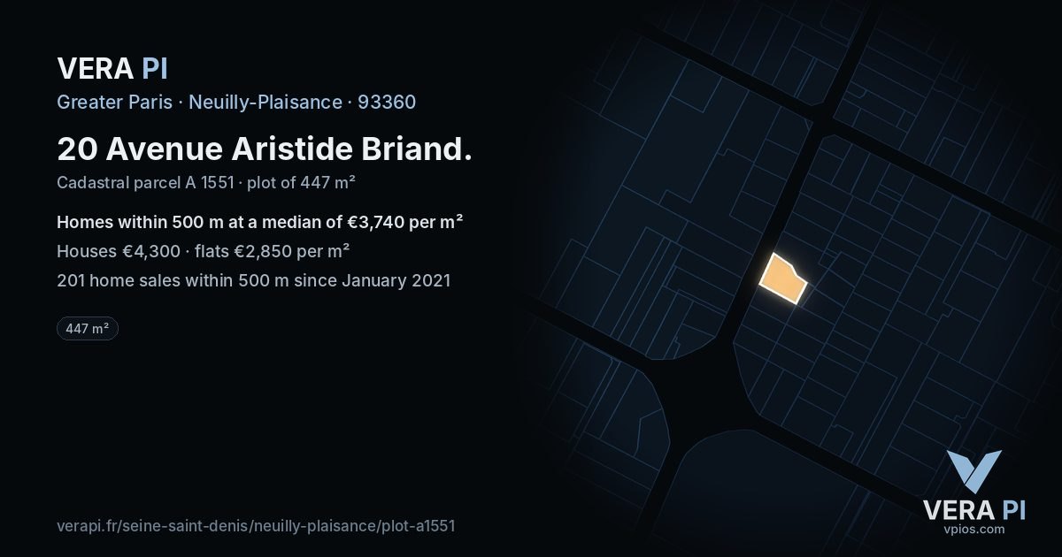 20 Avenue Aristide Briand, Neuilly-Plaisance at night – the plot lit, the parcels around coloured by the prices near them