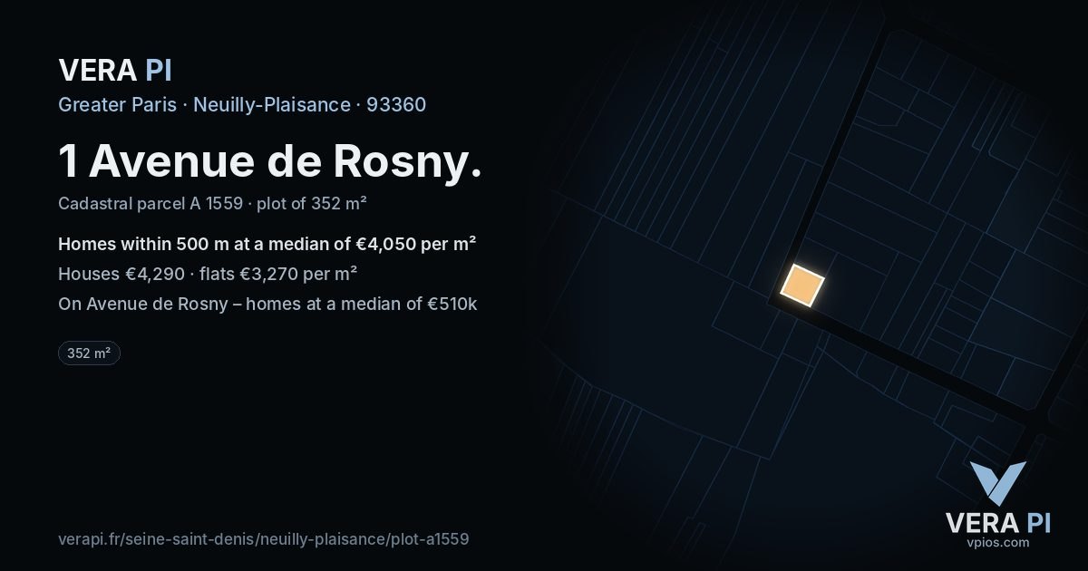 1 Avenue de Rosny, Neuilly-Plaisance at night – the plot lit, the parcels around coloured by the prices near them