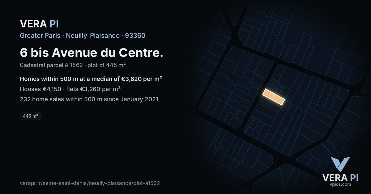 6 bis Avenue du Centre, Neuilly-Plaisance at night – the plot lit, the parcels around coloured by the prices near them