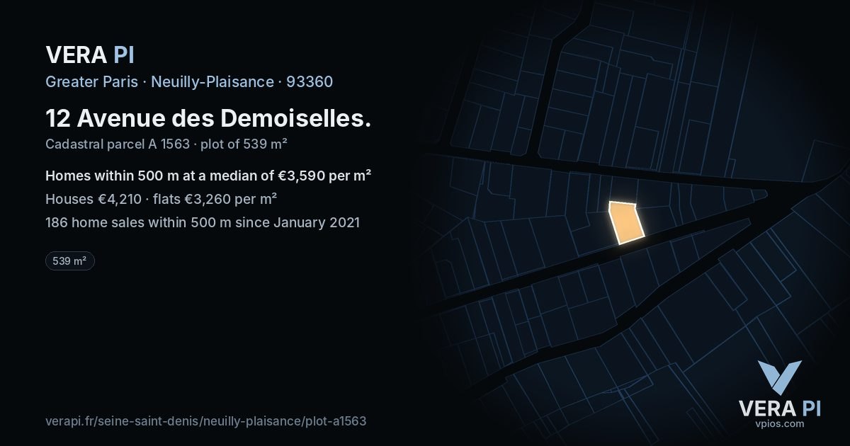 12 Avenue des Demoiselles, Neuilly-Plaisance at night – the plot lit, the parcels around coloured by the prices near them