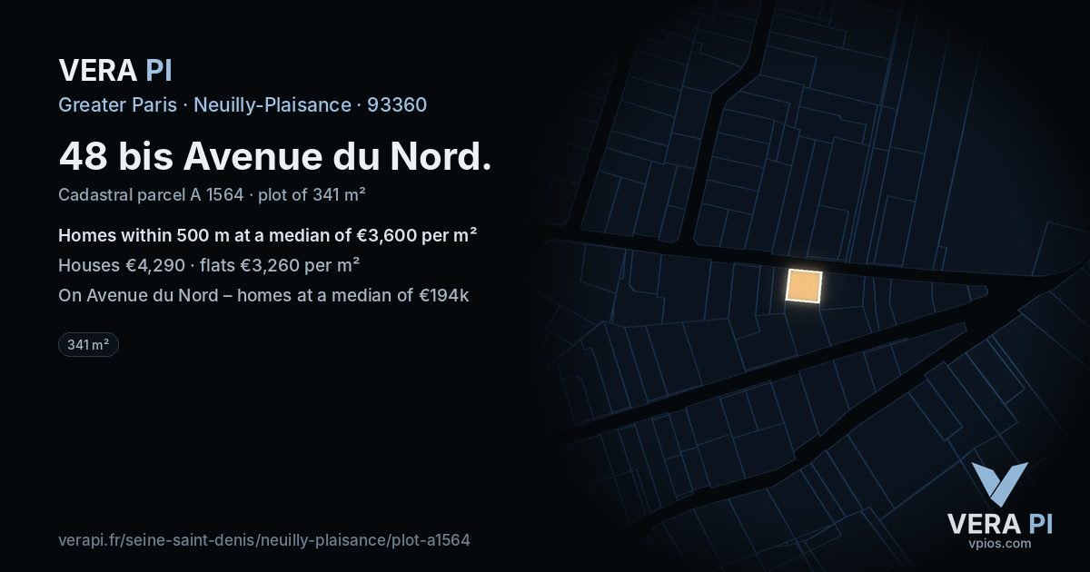48 bis Avenue du Nord, Neuilly-Plaisance at night – the plot lit, the parcels around coloured by the prices near them