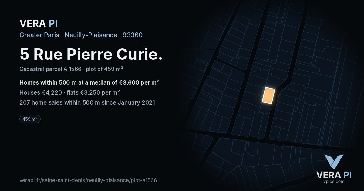 5 Rue Pierre Curie, Neuilly-Plaisance at night – the plot lit, the parcels around coloured by the prices near them
