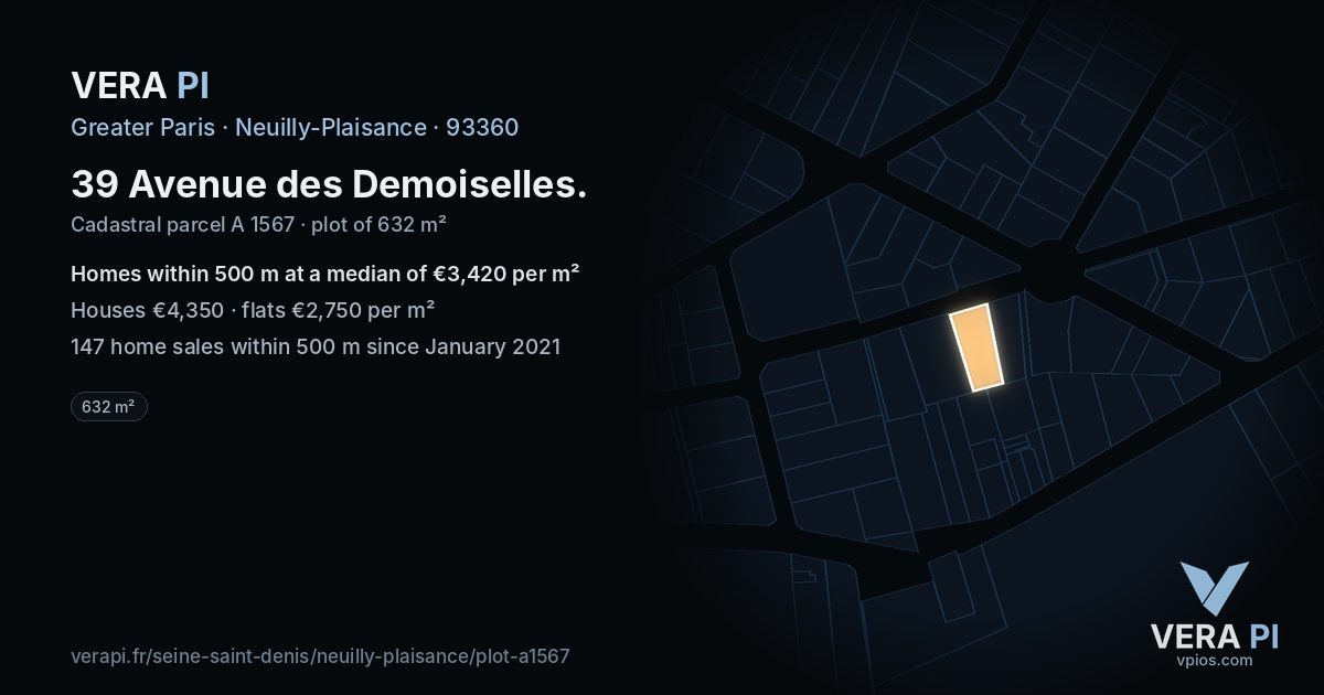 39 Avenue des Demoiselles, Neuilly-Plaisance at night – the plot lit, the parcels around coloured by the prices near them