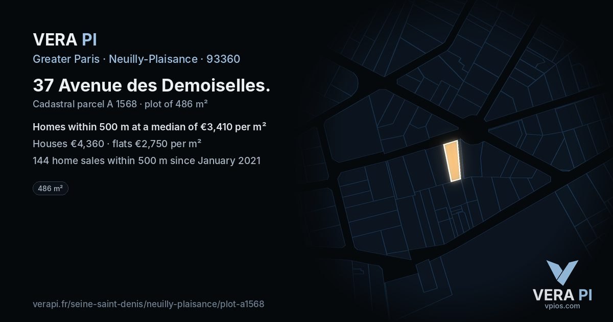 37 Avenue des Demoiselles, Neuilly-Plaisance at night – the plot lit, the parcels around coloured by the prices near them