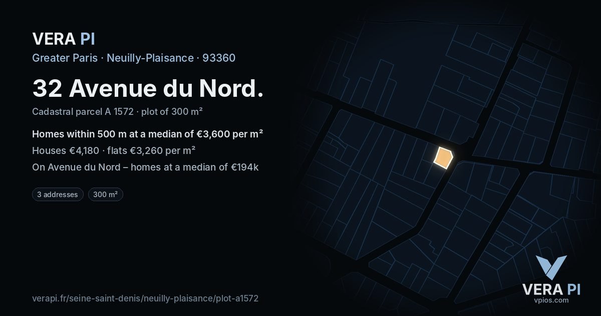 32 Avenue du Nord, Neuilly-Plaisance at night – the plot lit, the parcels around coloured by the prices near them