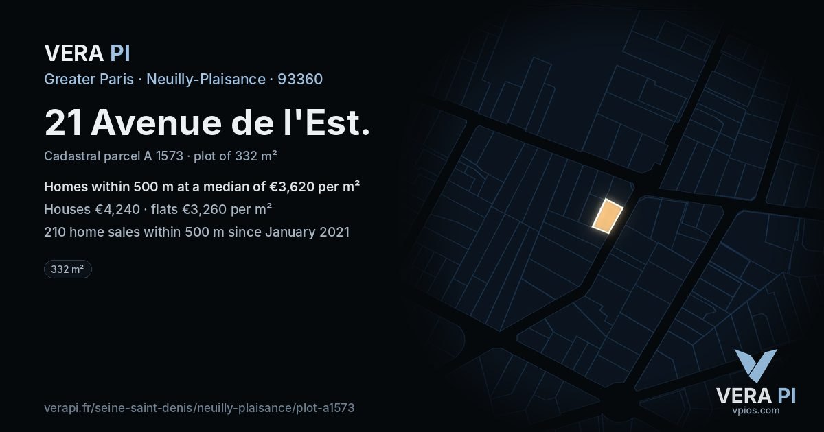 21 Avenue de l'Est, Neuilly-Plaisance at night – the plot lit, the parcels around coloured by the prices near them