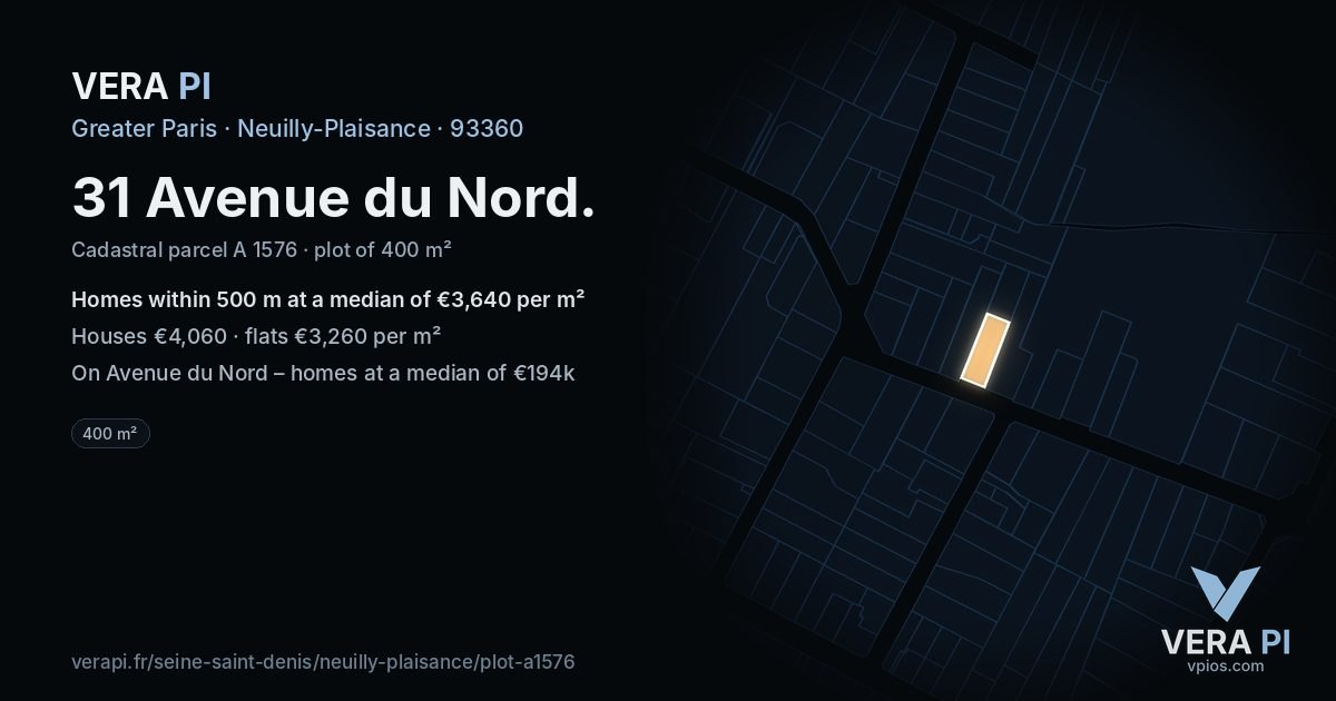 31 Avenue du Nord, Neuilly-Plaisance at night – the plot lit, the parcels around coloured by the prices near them
