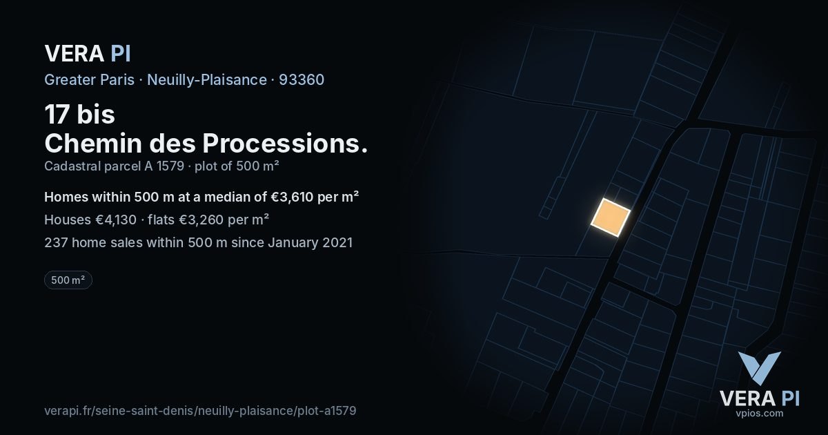 17 bis Chemin des Processions, Neuilly-Plaisance at night – the plot lit, the parcels around coloured by the prices near them