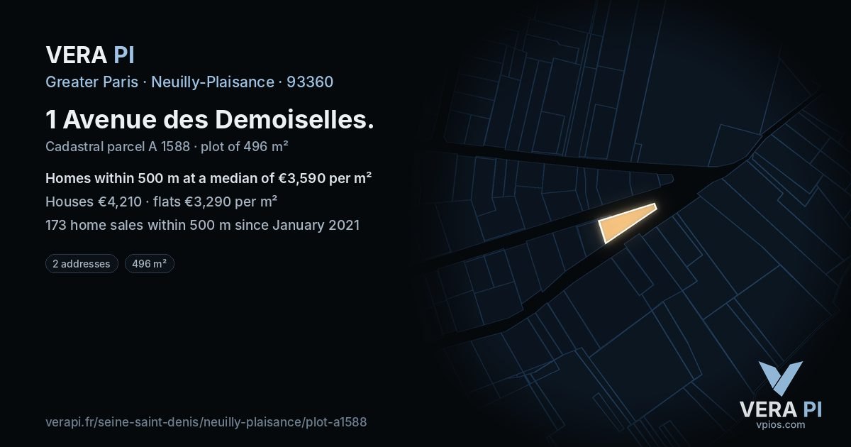 1 Avenue des Demoiselles, Neuilly-Plaisance at night – the plot lit, the parcels around coloured by the prices near them