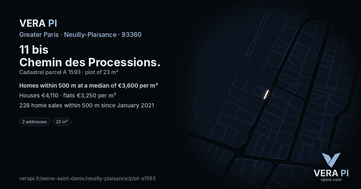 11 bis Chemin des Processions, Neuilly-Plaisance at night – the plot lit, the parcels around coloured by the prices near them