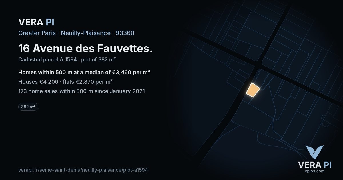 16 Avenue des Fauvettes, Neuilly-Plaisance at night – the plot lit, the parcels around coloured by the prices near them