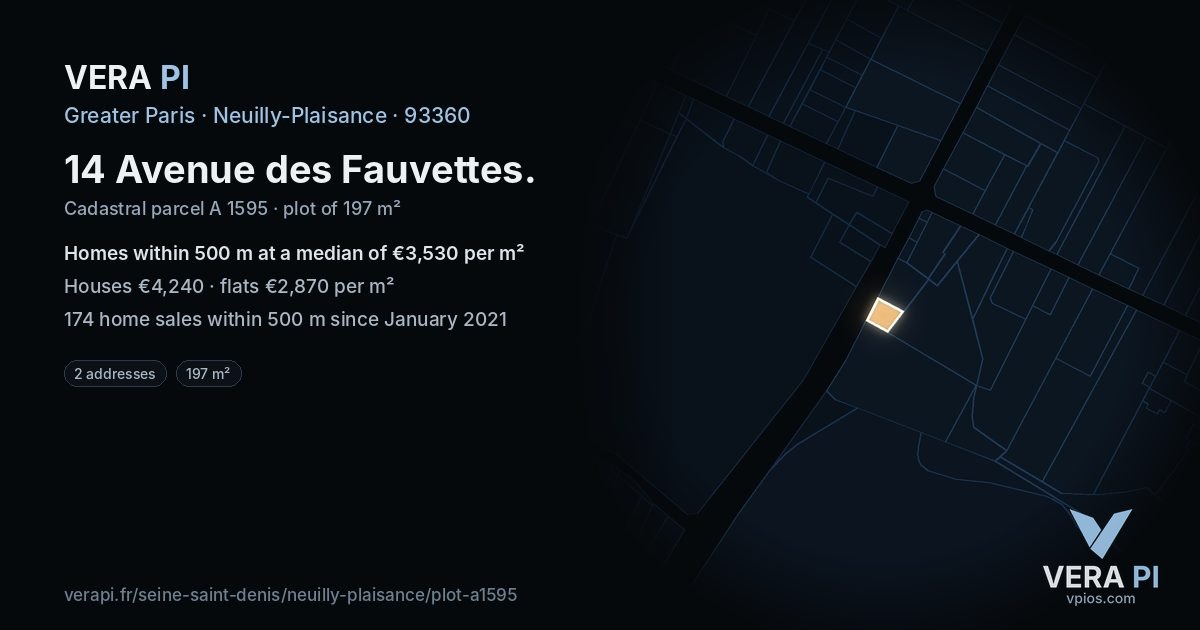 14 Avenue des Fauvettes, Neuilly-Plaisance at night – the plot lit, the parcels around coloured by the prices near them