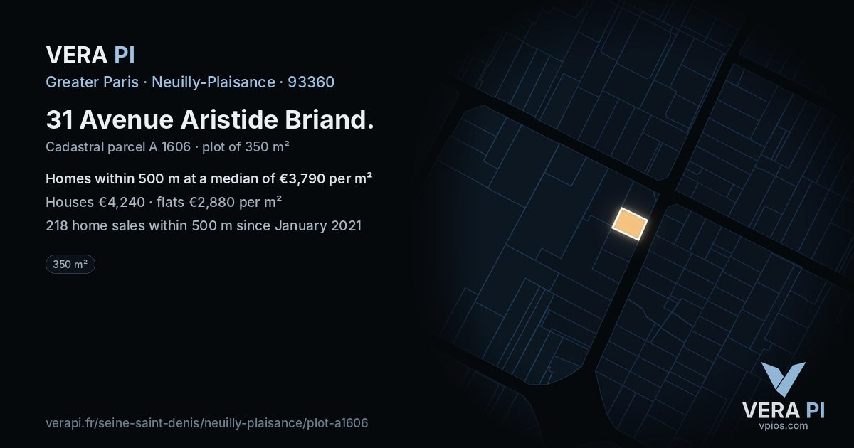 31 Avenue Aristide Briand, Neuilly-Plaisance at night – the plot lit, the parcels around coloured by the prices near them