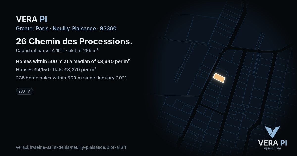 26 Chemin des Processions, Neuilly-Plaisance at night – the plot lit, the parcels around coloured by the prices near them