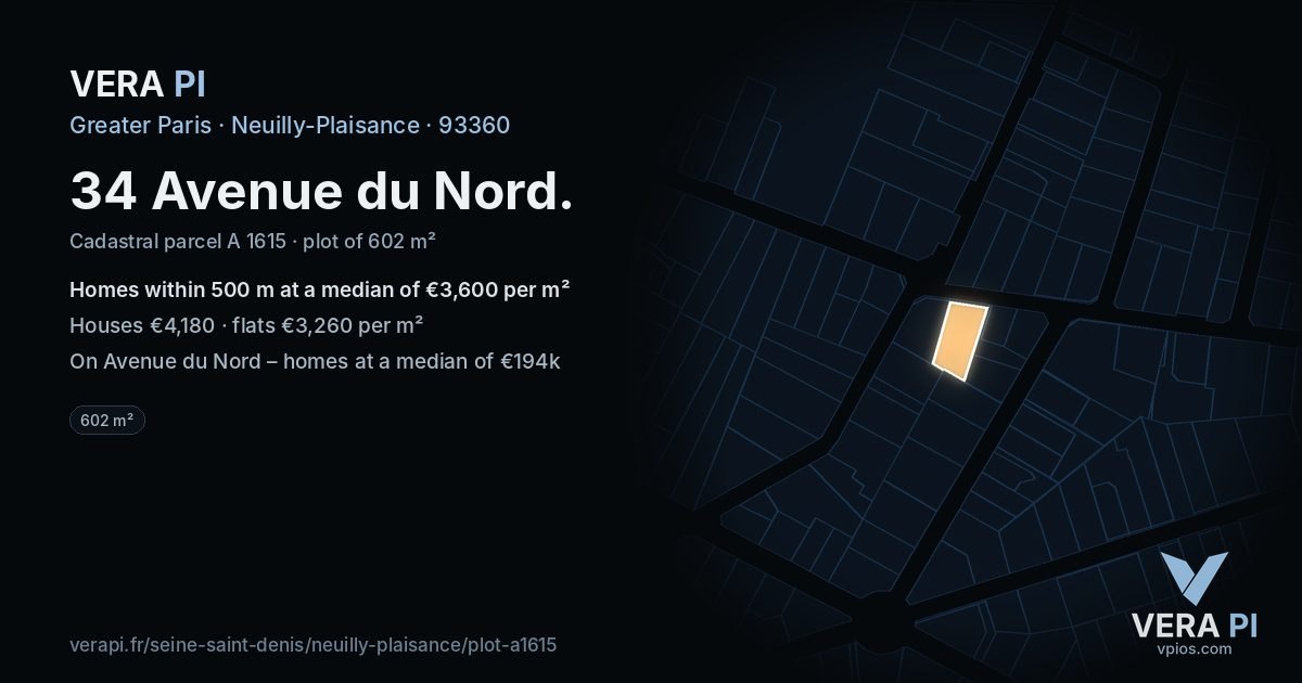 34 Avenue du Nord, Neuilly-Plaisance at night – the plot lit, the parcels around coloured by the prices near them