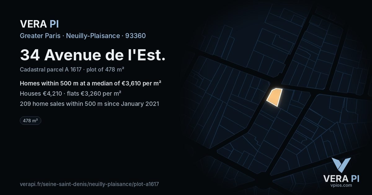 34 Avenue de l'Est, Neuilly-Plaisance at night – the plot lit, the parcels around coloured by the prices near them