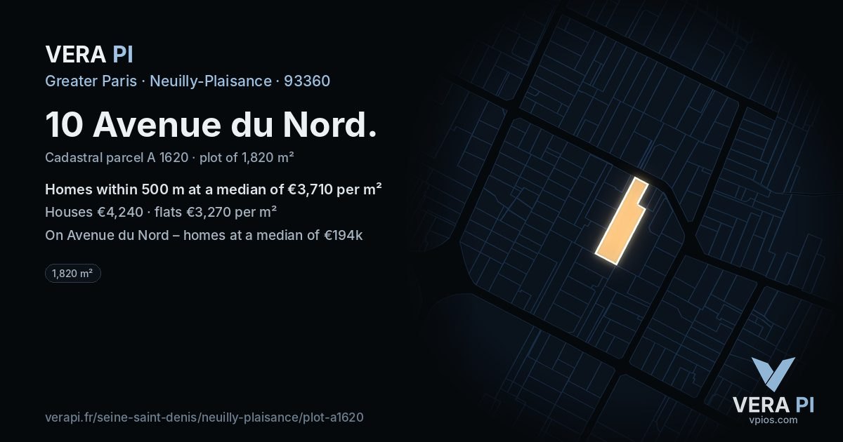 10 Avenue du Nord, Neuilly-Plaisance at night – the plot lit, the parcels around coloured by the prices near them