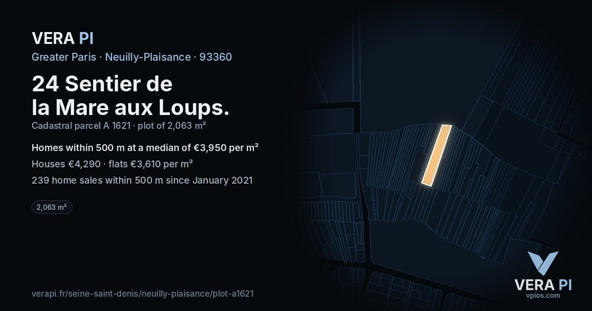 24 Sentier de la Mare aux Loups, Neuilly-Plaisance at night – the plot lit, the parcels around coloured by the prices near them