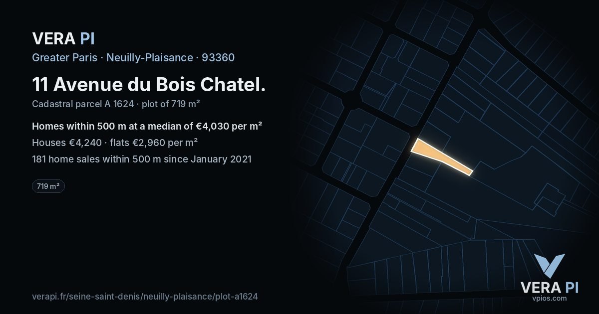 11 Avenue du Bois Chatel, Neuilly-Plaisance at night – the plot lit, the parcels around coloured by the prices near them
