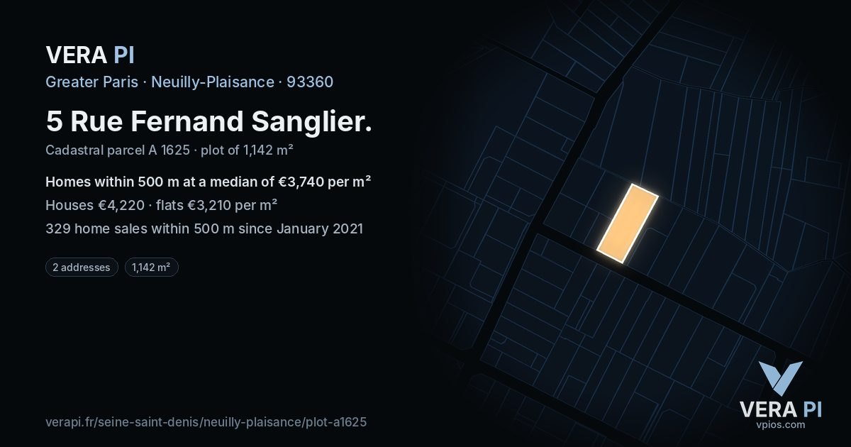 5 Rue Fernand Sanglier, Neuilly-Plaisance at night – the plot lit, the parcels around coloured by the prices near them
