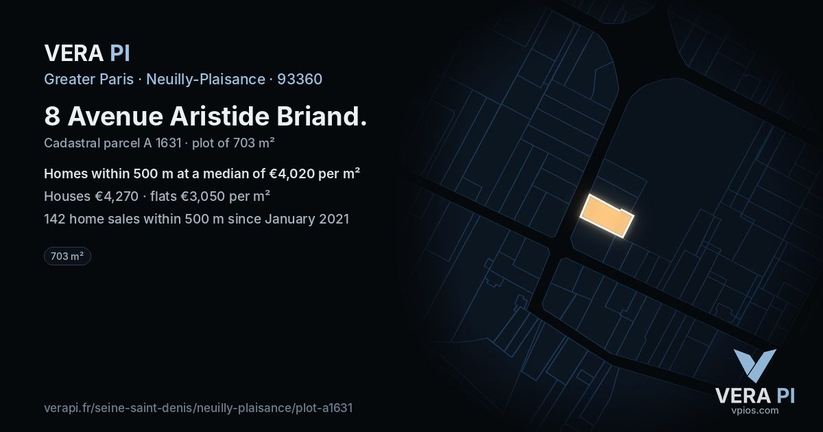 8 Avenue Aristide Briand, Neuilly-Plaisance at night – the plot lit, the parcels around coloured by the prices near them
