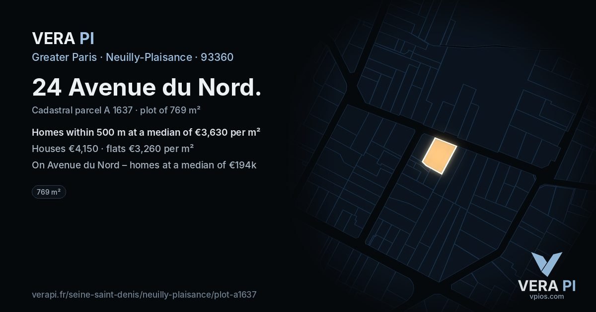 24 Avenue du Nord, Neuilly-Plaisance at night – the plot lit, the parcels around coloured by the prices near them