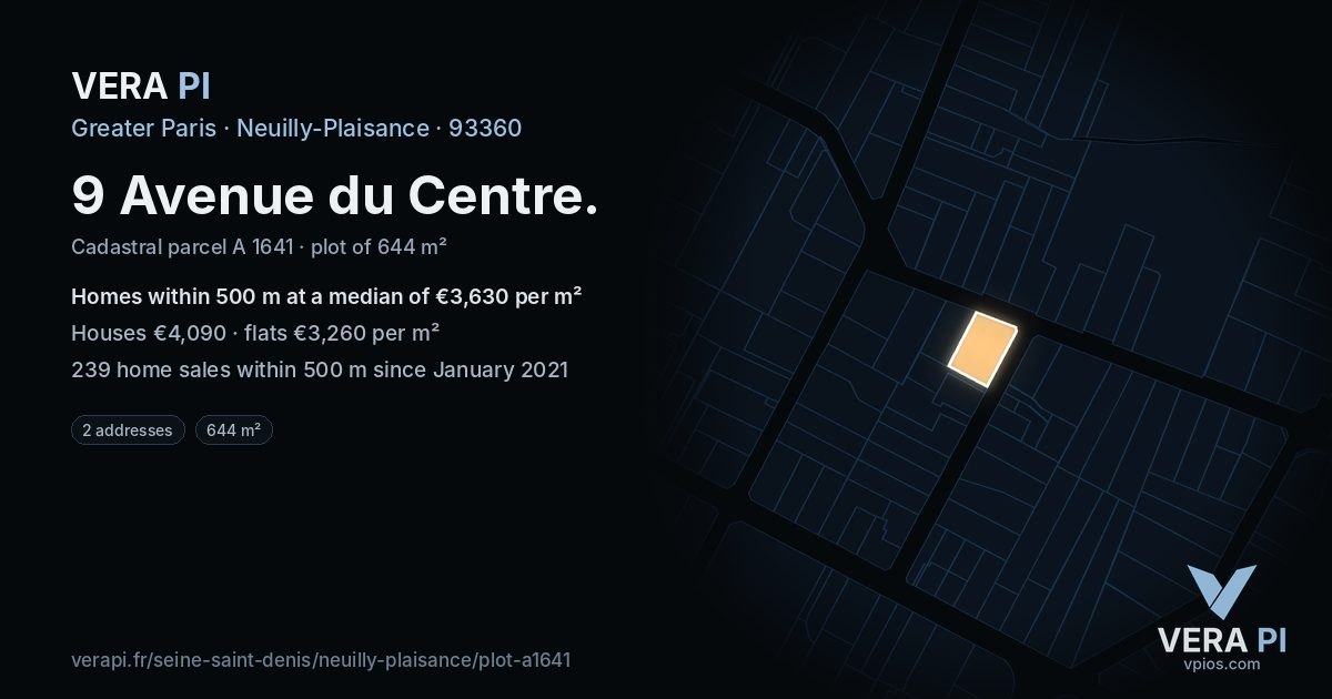 9 Avenue du Centre, Neuilly-Plaisance at night – the plot lit, the parcels around coloured by the prices near them