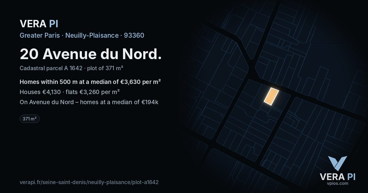 20 Avenue du Nord, Neuilly-Plaisance at night – the plot lit, the parcels around coloured by the prices near them
