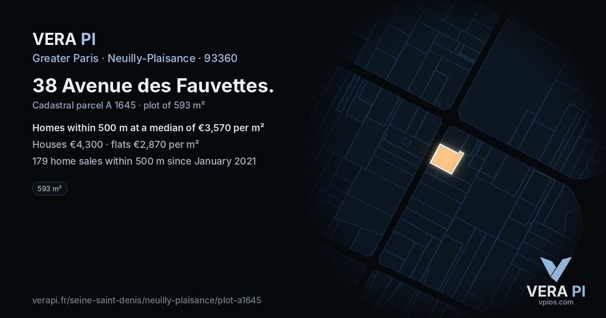 38 Avenue des Fauvettes, Neuilly-Plaisance at night – the plot lit, the parcels around coloured by the prices near them