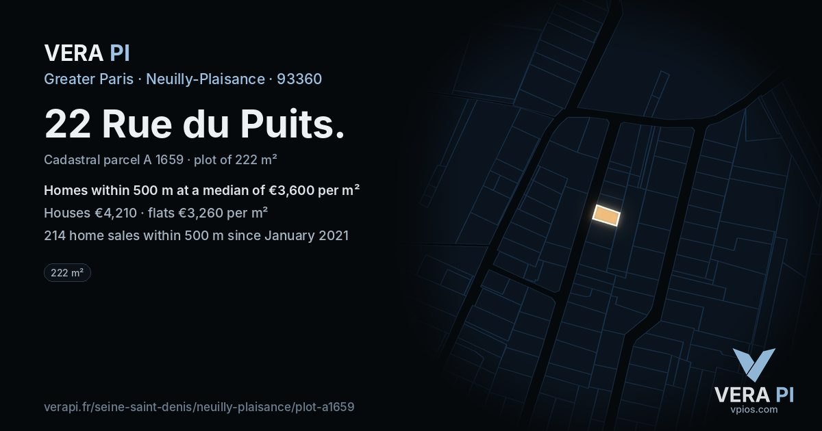 22 Rue du Puits, Neuilly-Plaisance at night – the plot lit, the parcels around coloured by the prices near them