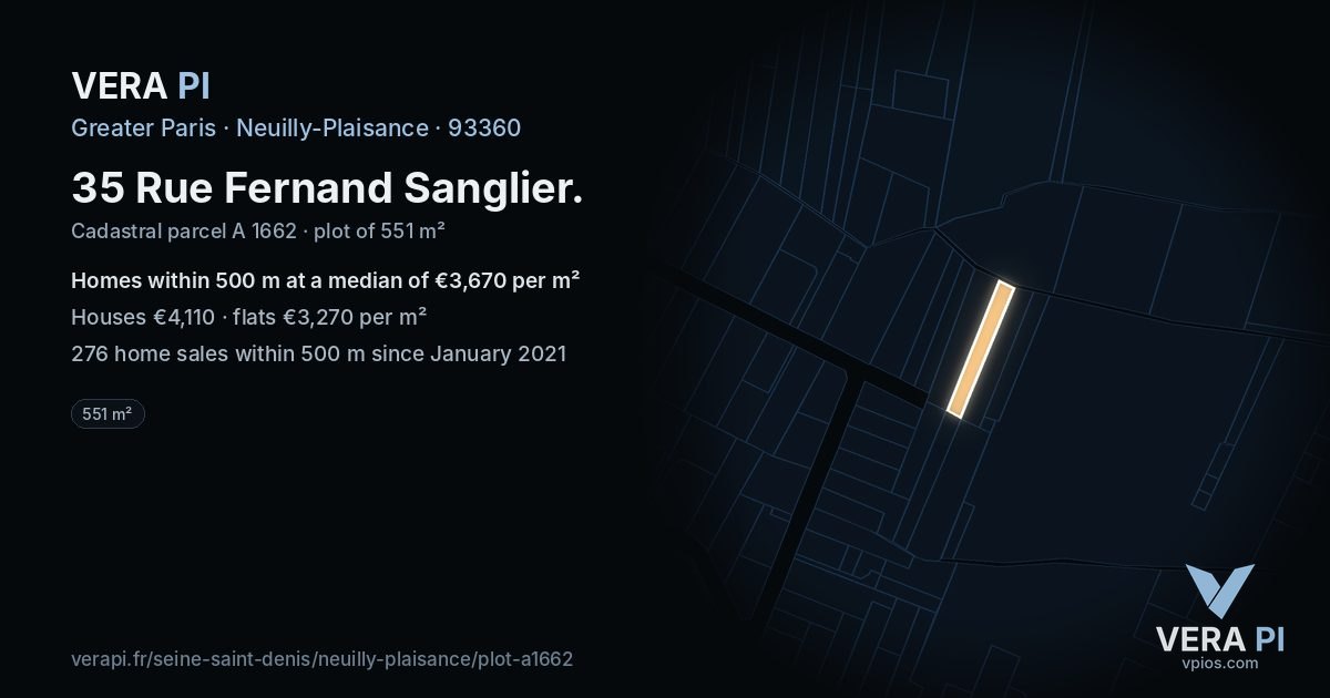35 Rue Fernand Sanglier, Neuilly-Plaisance at night – the plot lit, the parcels around coloured by the prices near them