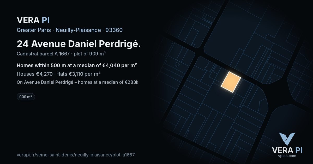 24 Avenue Daniel Perdrigé, Neuilly-Plaisance at night – the plot lit, the parcels around coloured by the prices near them