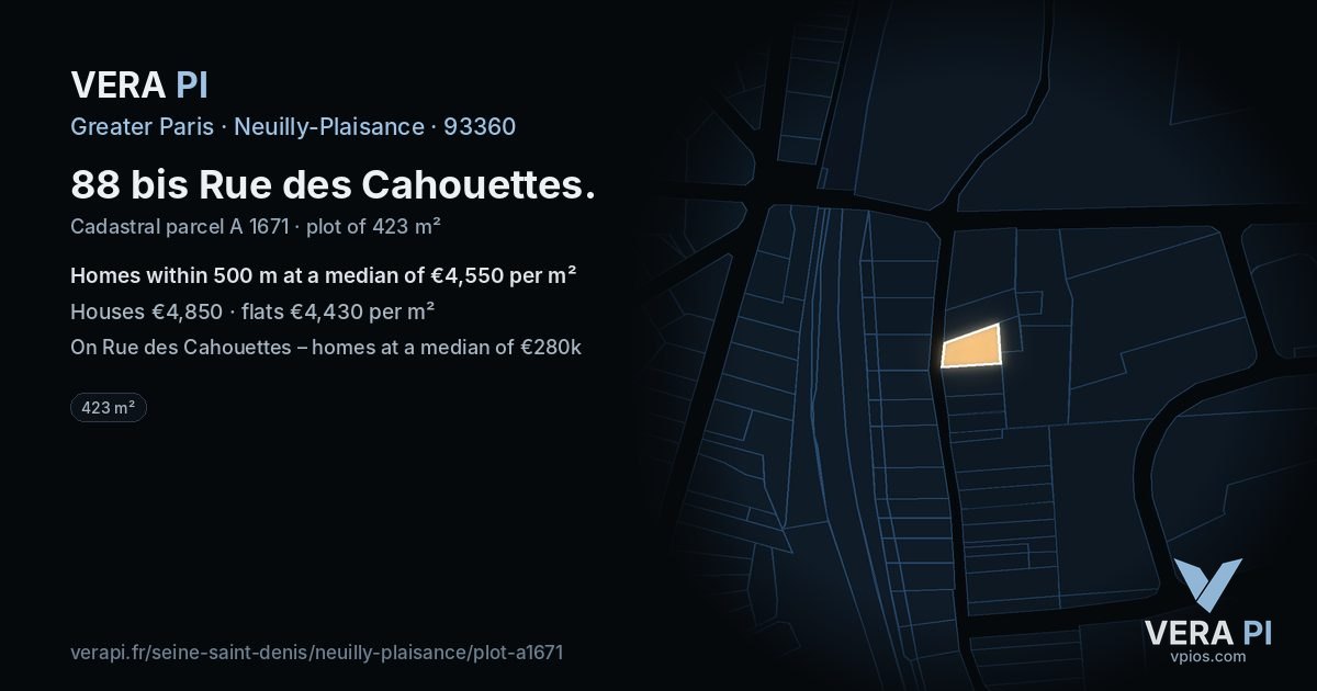 88 bis Rue des Cahouettes, Neuilly-Plaisance at night – the plot lit, the parcels around coloured by the prices near them
