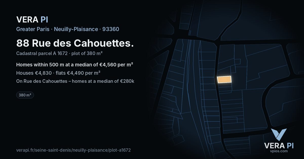 88 Rue des Cahouettes, Neuilly-Plaisance at night – the plot lit, the parcels around coloured by the prices near them