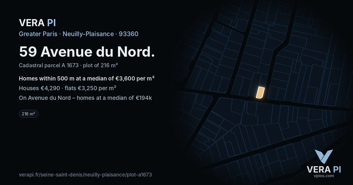 59 Avenue du Nord, Neuilly-Plaisance at night – the plot lit, the parcels around coloured by the prices near them