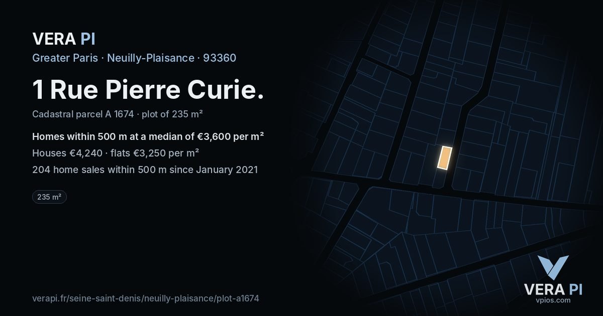 1 Rue Pierre Curie, Neuilly-Plaisance at night – the plot lit, the parcels around coloured by the prices near them