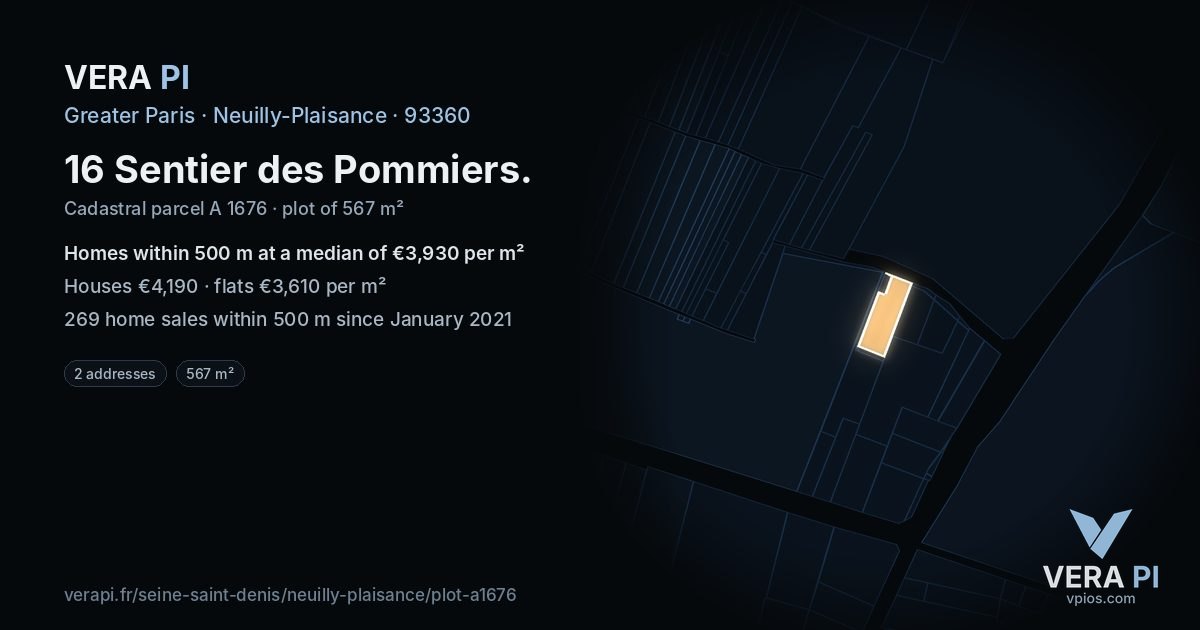 16 Sentier des Pommiers, Neuilly-Plaisance at night – the plot lit, the parcels around coloured by the prices near them