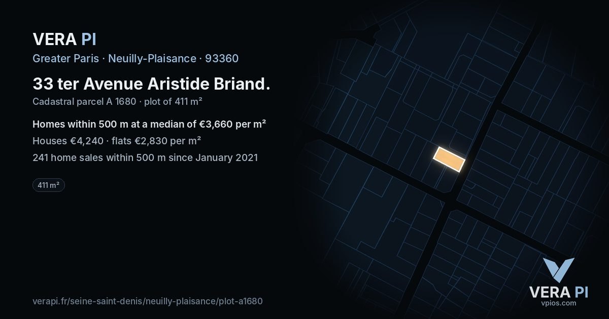 33 ter Avenue Aristide Briand, Neuilly-Plaisance at night – the plot lit, the parcels around coloured by the prices near them