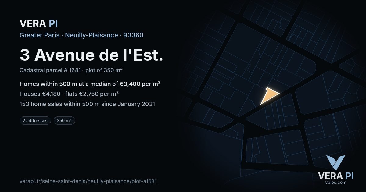 3 Avenue de l'Est, Neuilly-Plaisance at night – the plot lit, the parcels around coloured by the prices near them