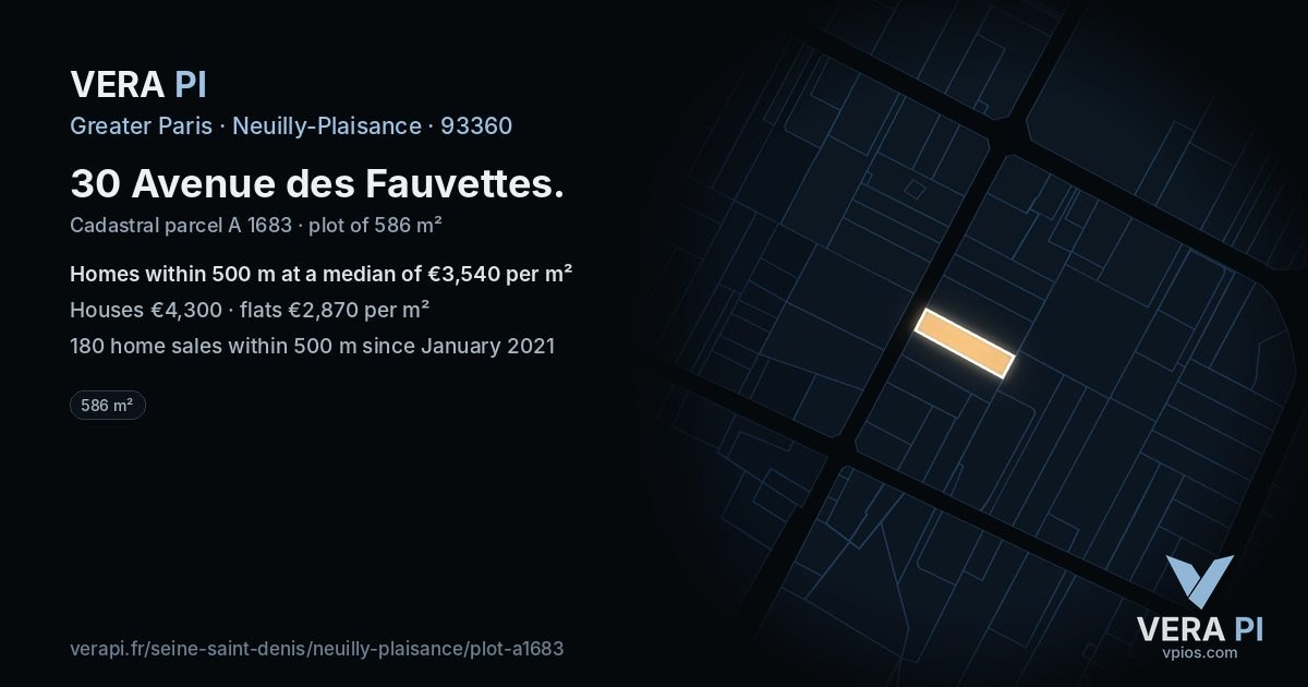 30 Avenue des Fauvettes, Neuilly-Plaisance at night – the plot lit, the parcels around coloured by the prices near them