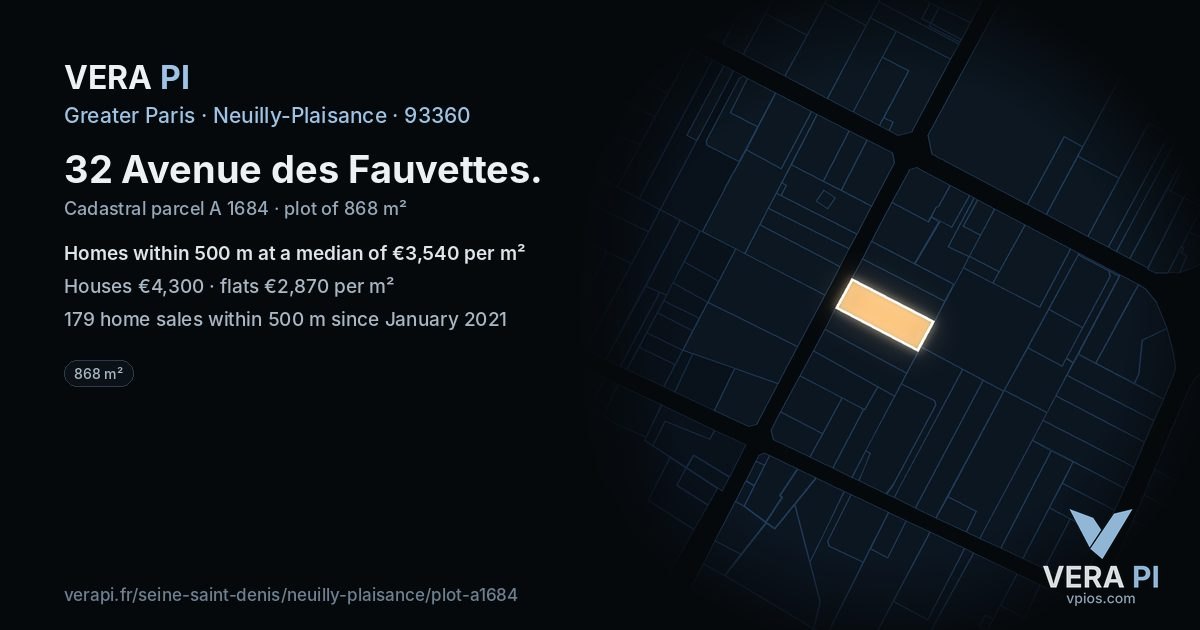 32 Avenue des Fauvettes, Neuilly-Plaisance at night – the plot lit, the parcels around coloured by the prices near them
