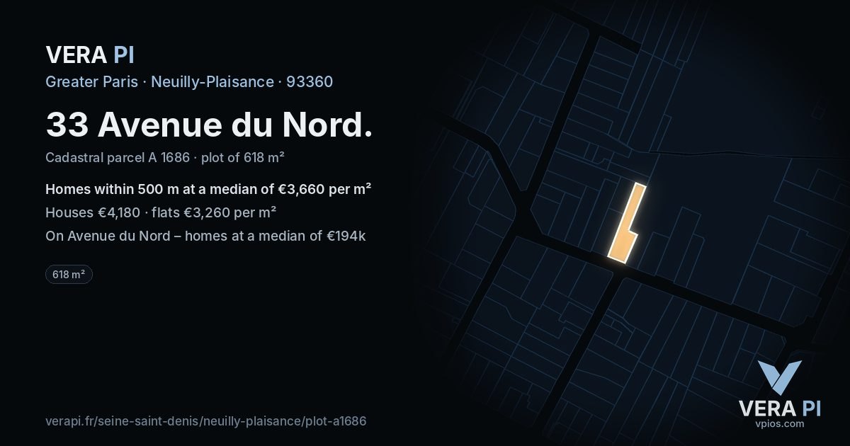 33 Avenue du Nord, Neuilly-Plaisance at night – the plot lit, the parcels around coloured by the prices near them