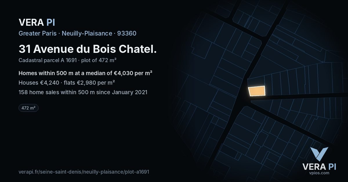 31 Avenue du Bois Chatel, Neuilly-Plaisance at night – the plot lit, the parcels around coloured by the prices near them