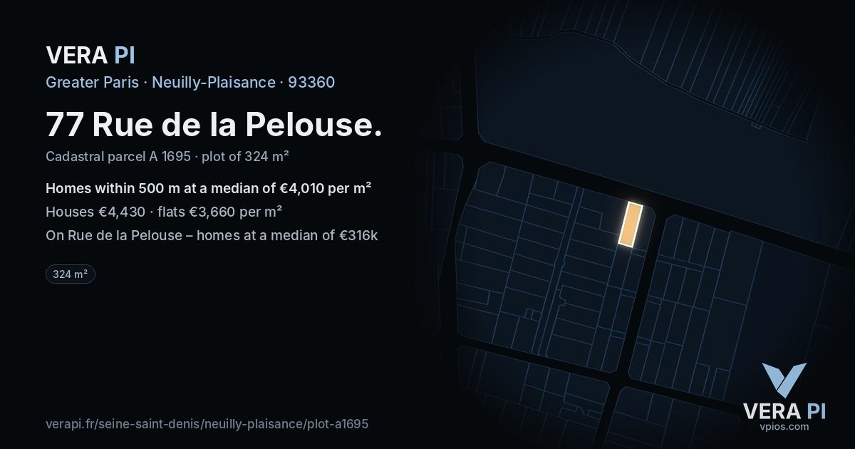 77 Rue de la Pelouse, Neuilly-Plaisance at night – the plot lit, the parcels around coloured by the prices near them