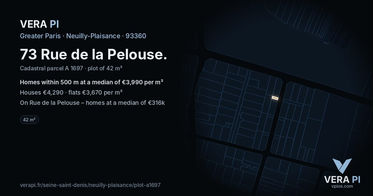 73 Rue de la Pelouse, Neuilly-Plaisance at night – the plot lit, the parcels around coloured by the prices near them