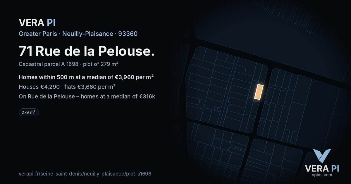 71 Rue de la Pelouse, Neuilly-Plaisance at night – the plot lit, the parcels around coloured by the prices near them